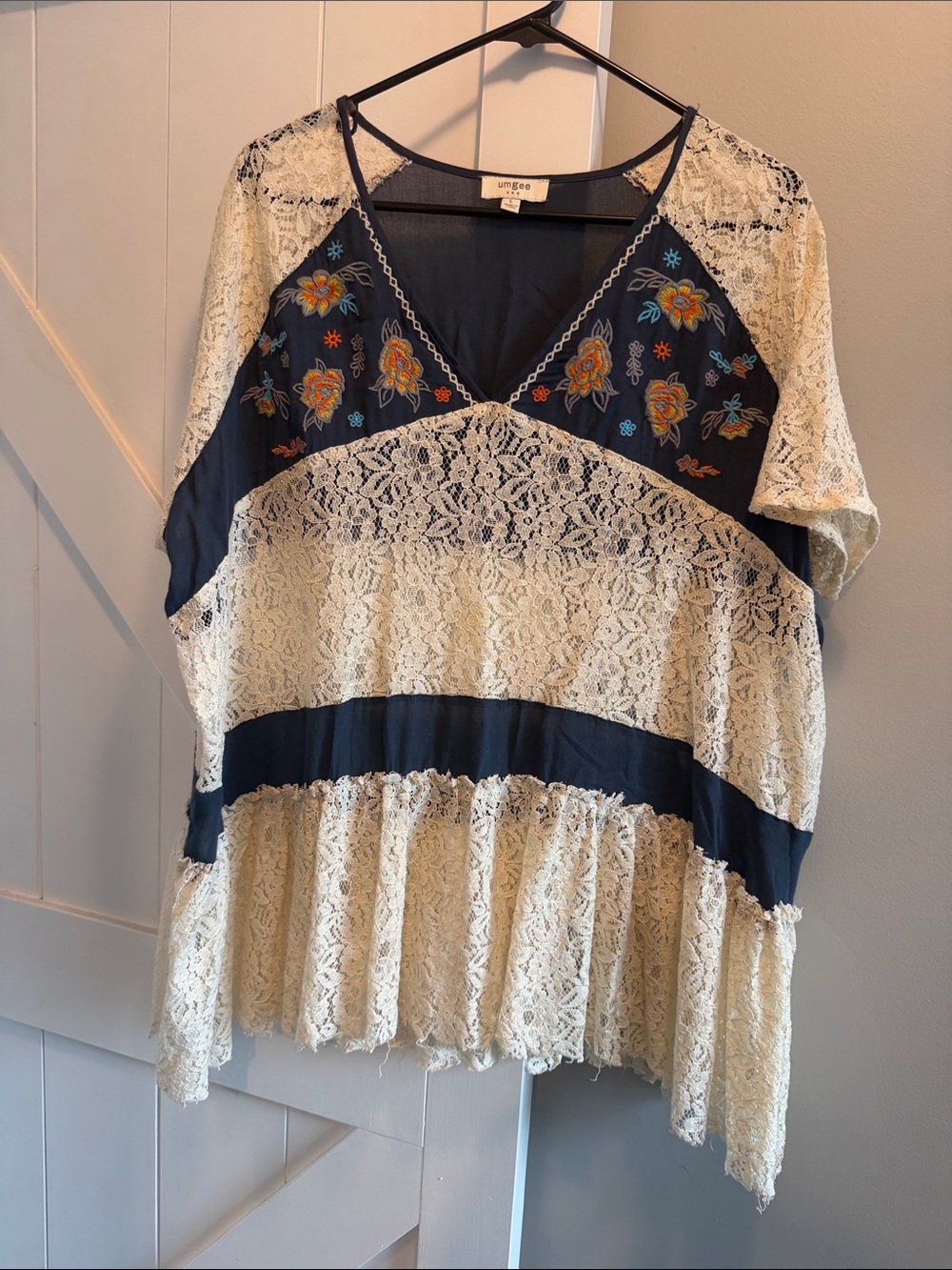 Umgee Navy Lace Tunic with Embroidered Floral V-Neck